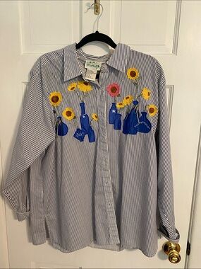Striped Button-Down Shirt with Sunflower & Blue Bottle Embroidery
